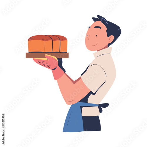 Man Baker in Apron Holding Freshly Baked Bread with Potholder Vector Illustration