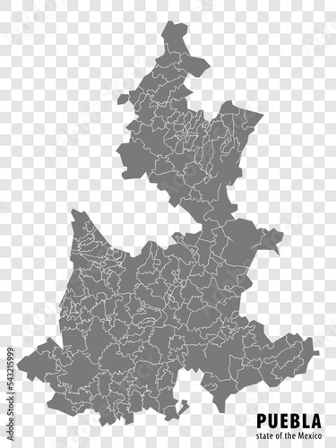 State Puebla of Mexico map on transparent background. Blank map of  Puebla with regions in gray for your web site design, logo, app, UI. Mexico. EPS10. photo