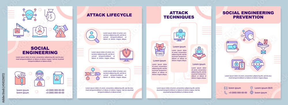 Cybercrime and social engineering pink brochure template. Leaflet design with linear icons. Editable 4 vector layouts for presentation, annual reports. Arial-Black, Myriad Pro-Regular fonts used
