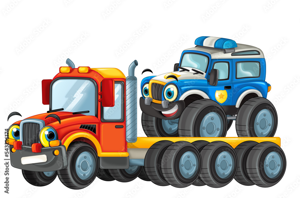 Fototapeta premium happy cartoon tow truck driver with other vehicle car