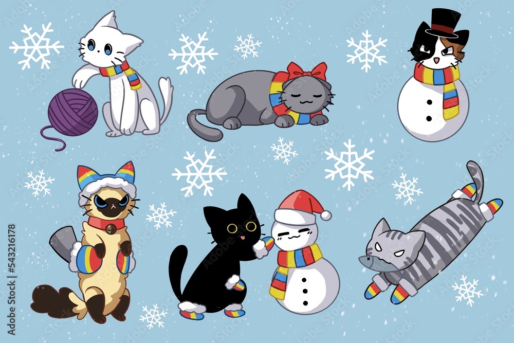 Fototapeta premium Cats are playing with snowman and toy in the snowflake blue background 