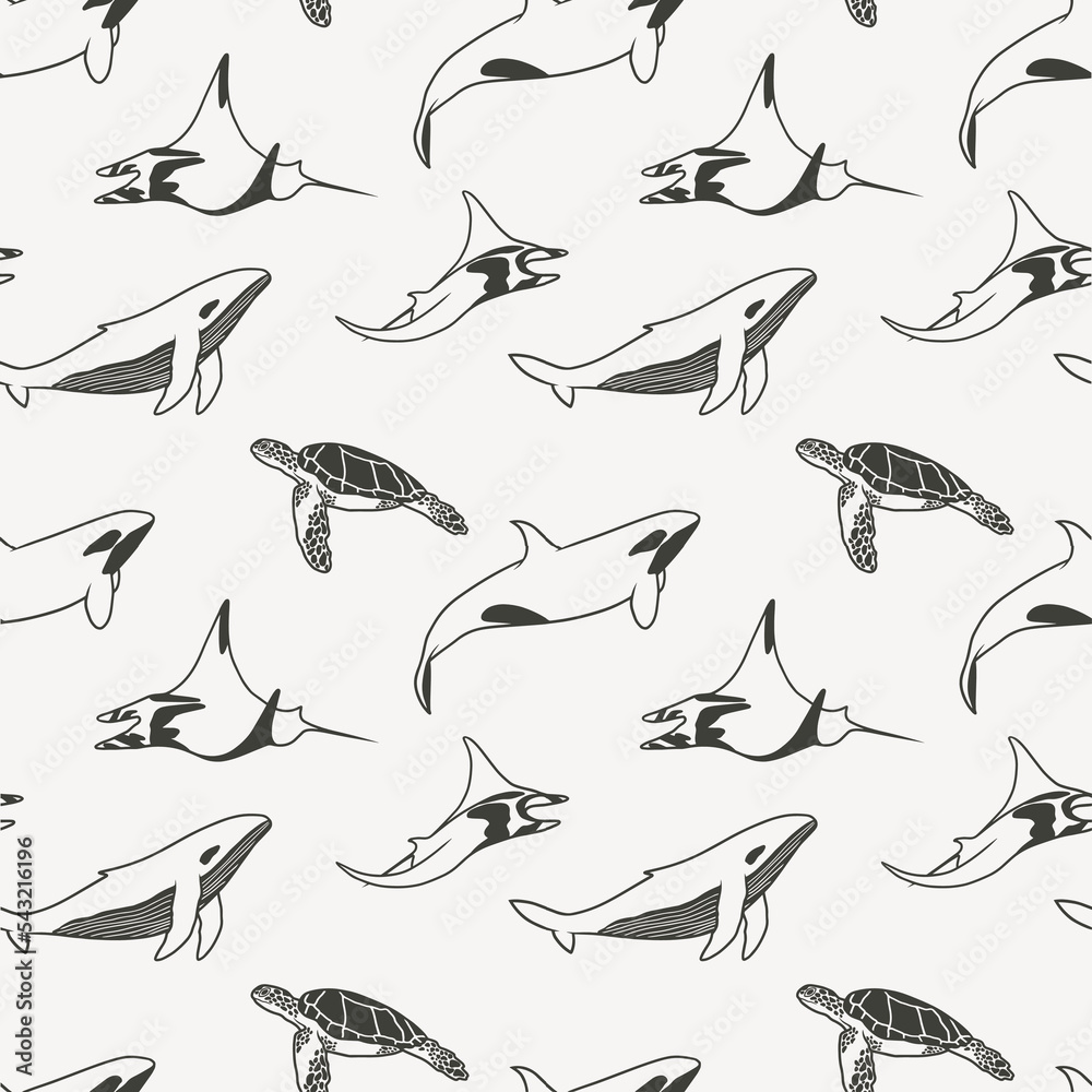 Seamless pattern marine theme. Ocean animals, shells, line art. Seamless pattern marine theme. Ocean animals, shells, line art.