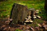 View of mushrooms growing by a tree stump in the greenery