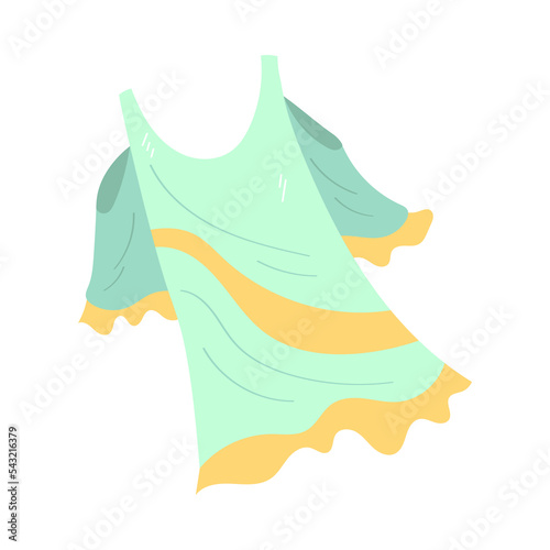 Light green and yellow dress against sunburn vector illustration. Sun safety and cartoon drawing of female summer clothing on white background. Summer, vacation, health, protection concept