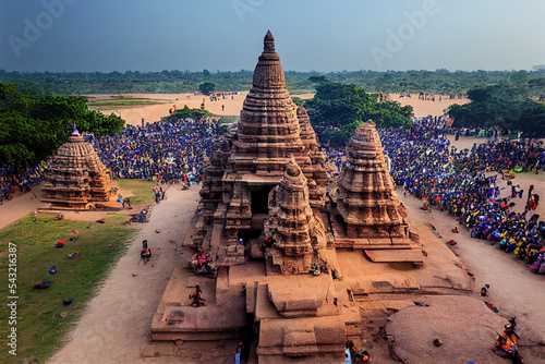 AI generated image of a Hindu festival in progress at the Mahabalipuram Shore Temple, Tamil nadu, India  photo