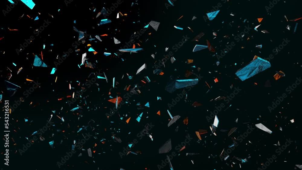 Abstract motion background Broken Glass particles. Shimmering Glittering Particles 3D rendering animation on black background