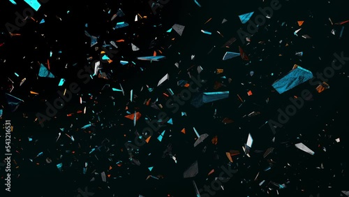 Abstract motion background Broken Glass particles. Shimmering Glittering Particles 3D rendering animation on black background