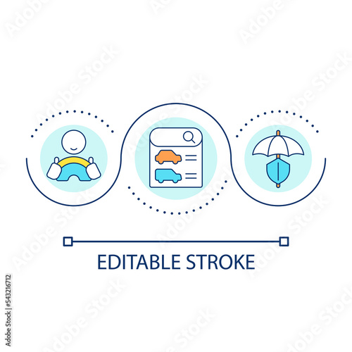 Car insurance loop concept icon. Auto financial protection. Vehicle security policy. Coverage service abstract idea thin line illustration. Isolated outline drawing. Editable stroke. Arial font used