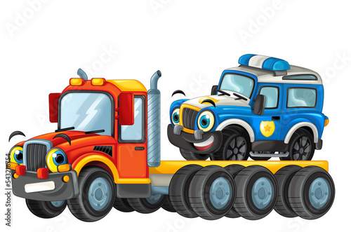 happy cartoon tow truck driver with other vehicle car