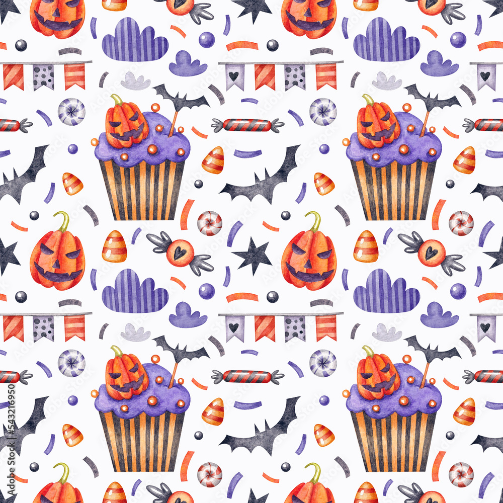 Seamless pattern with cupcakes with pumpkins, bats and sweets on a white background. Watercolor illustration. Holiday. Halloween. Print on fabric and paper. Art. Design. Wallpaper. Handmade work.