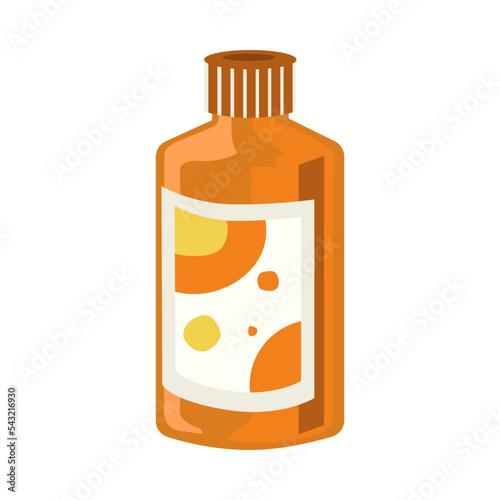 Orange bottle of medicine with colorful label cartoon illustration. Elixir with label against disease. Doctors prescription for cure. Pharmacy, health concept