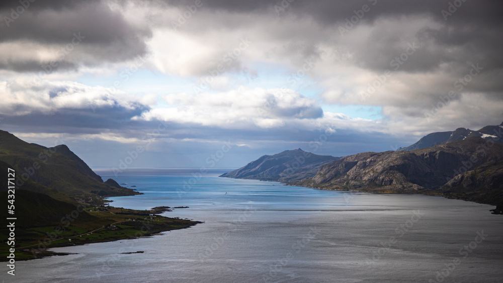 panorama of lofoten islands as seen from the famous offersoykammen trail, norway, mighty mountains above the sea in the norwegian fjords