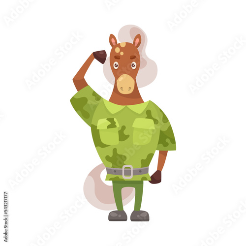 Cute horse character in camouflage cartoon illustration. Serious animal soldier in military uniform saluting officer. Army, zoo, warrior concept