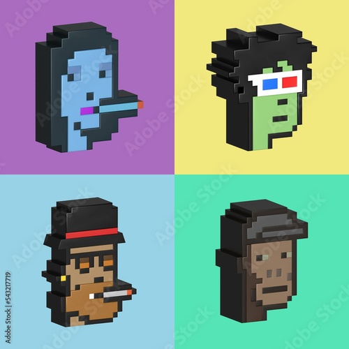 Cryptopunks Pixel Art (NFT) Nonfungible Token, NFT blockchain-3D Render illustration Design