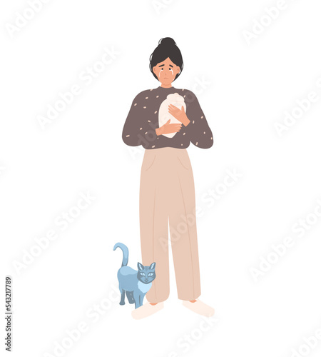 Lost, passed away pet, cat.Person suffering from grief, sorrow. Woman crying holding ashes urn. Grief, sorrow, lost, death concept
