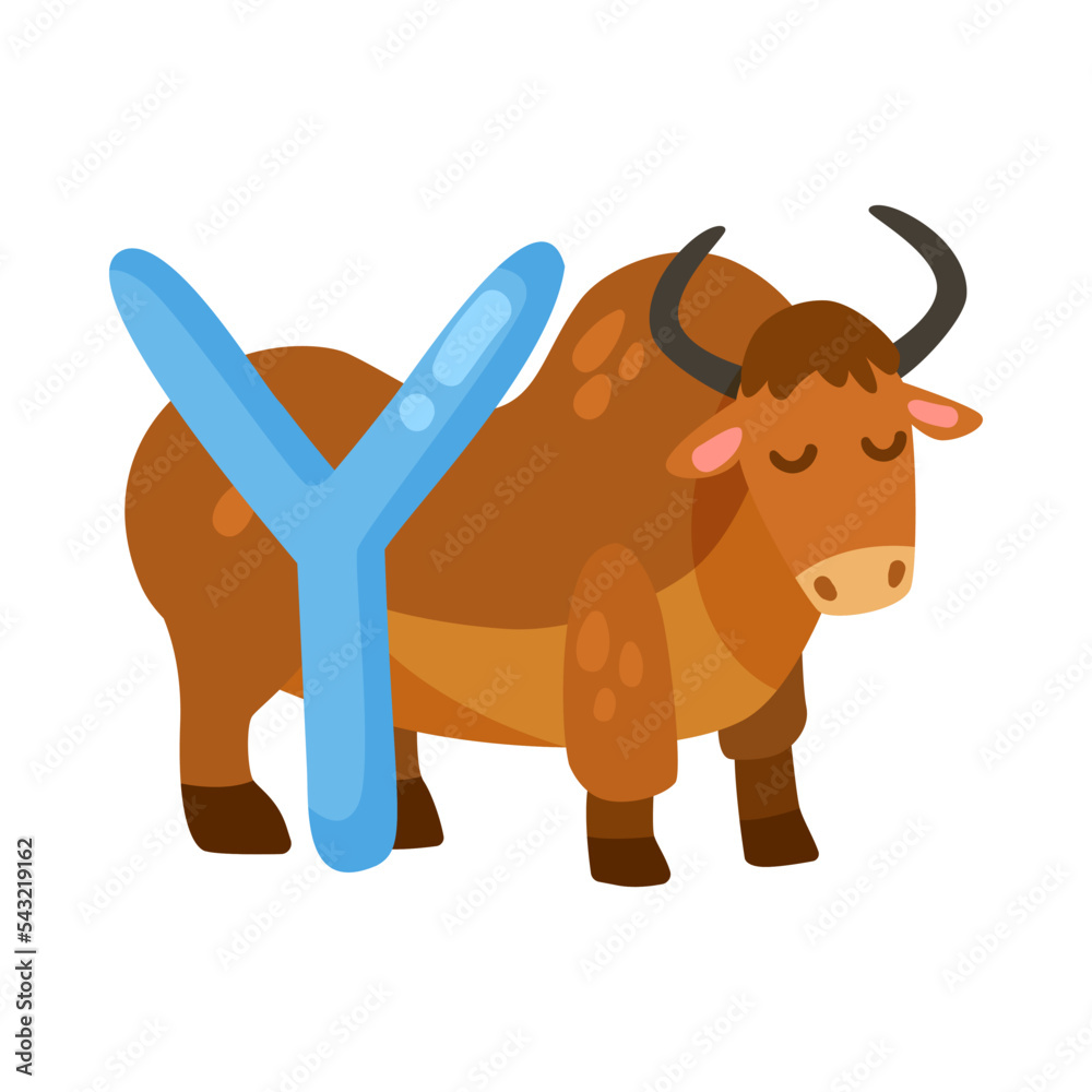 Fototapeta premium Yak character with alphabet letter y vector illustration. Cute comic animal with ABC for preschool children book isolated on white background. Education concept