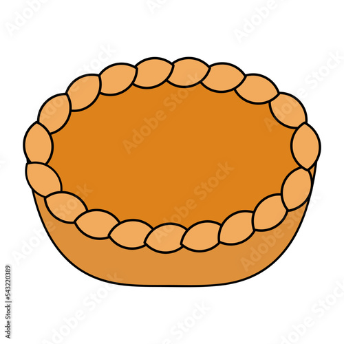 Pumpkin pie with crispy crust in cartoon style. Delicious pastries cooked in the oven. Fried crust.