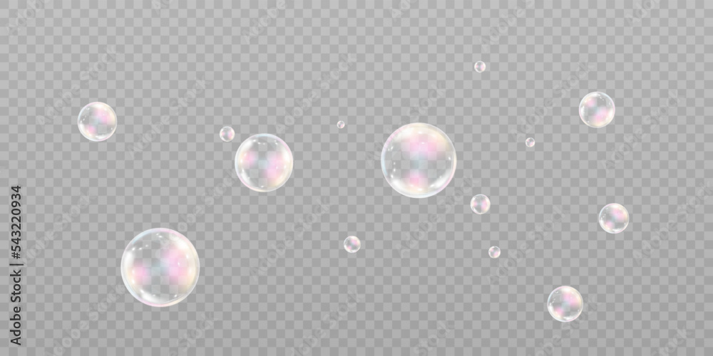 Realistic soap bubbles with iridescent reflections and highlights. On a transparent background. Editable vector