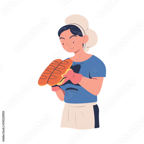 Woman Baker in Toque and Apron Holding Freshly Baked Bread Vector Illustration