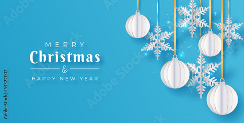 Christmas paper cut 3d snowflakes and balls with shadow on blue background. Minimal design vector. New year and Christmas card, poster or banner