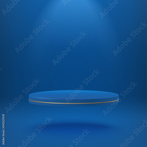 Dark blue empty realistic 3d cylinder podium floating on air with spot light. Award ceremony concept. Abstract scene with cylindrical podium. Geometry shape platform. Mockup product display