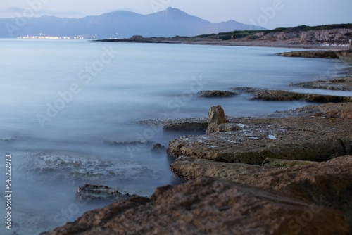 Long exposure shot of the rocky beach in Mallorca