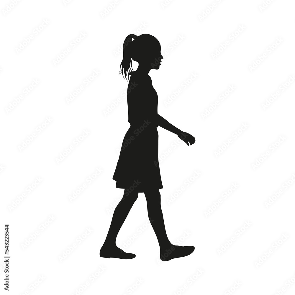 Teen slim girl walking side view silhouette vector illustration.