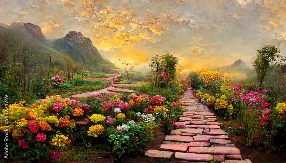 Garden of Eden landscape with flowers and misty mountains and a brick