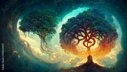 Fényképezés Tree of life in the Garden of Eden surreal concept art