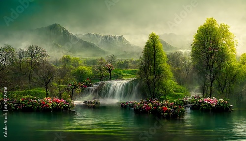 Garden of Eden landscape with flowers and trees and a waterfall