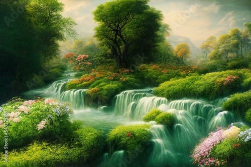 Foto Garden of Eden meadow landscape with flowers and misty mountains