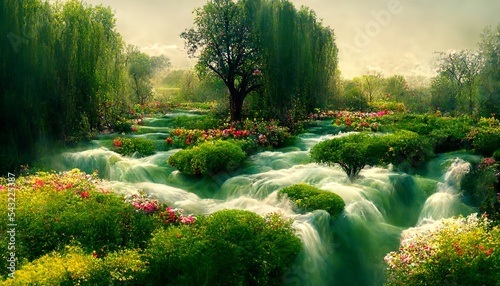 Tree of life in the Garden of Eden with waterfalls