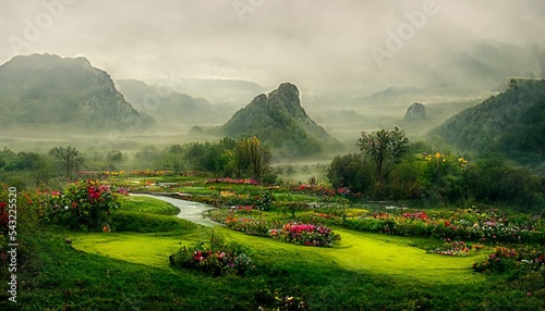Foto Garden of Eden landscape with flowers and misty mountains and green grass
