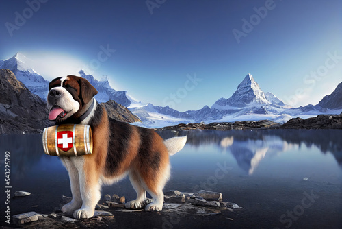 Saint Bernard rescue dog with a keg of brandy in a Swiss lake with Matterhorn Peak. Mount Cervin of Swiss Alps reflected in water by snowy mountains of Switzerland. 3D rendering. photo