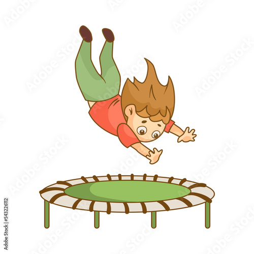 Small girl jumping and falling on green trampoline cartoon illustration. Girl having fun. Leisure, entertainment concept