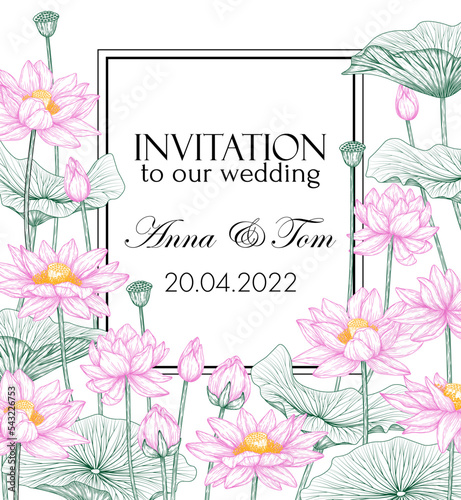 Vector template of invitation garden with lotus flowers in engraving style