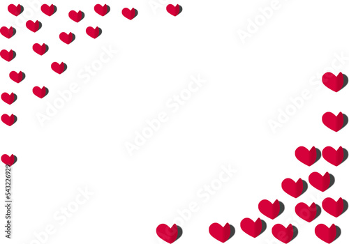 Red hearts are located on a white background at the bottom right and top left. Valentine's Day concept.