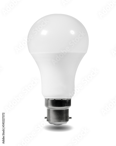 Fotografiet Isolated cutout LED bulb with UK B22 bayonet fitting and set against white backg