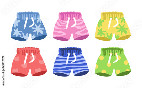 Swimming trunks for men or boys vector illustrations set. Collection of cartoon drawings of different swimwear for children or males isolated on white background. Vacation, recreation, fashion concept