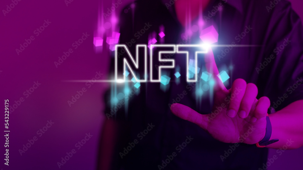 businessman finger touch virtual screen, NFT token digital crypto art blockchain technology concept