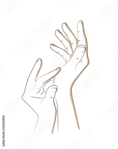 Two female hands in realistic gesture of stroking, rubbing and applying to skin moisturizing cream. Hand skin care to prolong health, beauty and youth. Skin care, nutrition and protection. Sketch