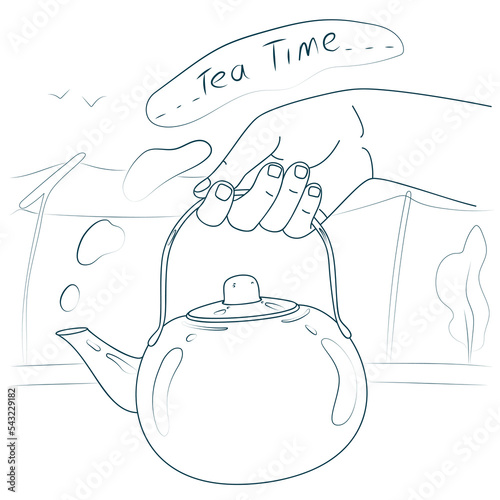 Tea time. Concept of snacking on the road during travel, vacation. Hand holds teapot for brewing tea. Metal kettle close-up. Utensil for kitchen. Pot for boiling water. Sketch, linear drawing