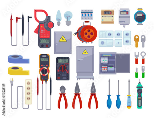 Tools or equipment of electrician vector illustrations set. Drawings of power sockets, electrical control panel, pliers, switchers, screwdrivers on white background. Electricity, construction concept