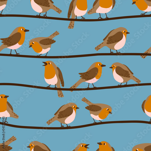 Flock of robin birds on power lines vector seamless pattern. Group of city urban birds sitting on electrical energy wires, telephone cables texture.