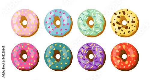 Donuts with different colorful icings vector illustrations set. Collection of drawings of pink, blue, yellow, green glazed doughnuts isolated on white background. Dessert, bakery, snacks, food concept