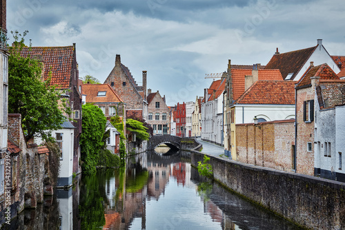 Canal, bridge and medieval houses in Bruges (Brugge), Belgium