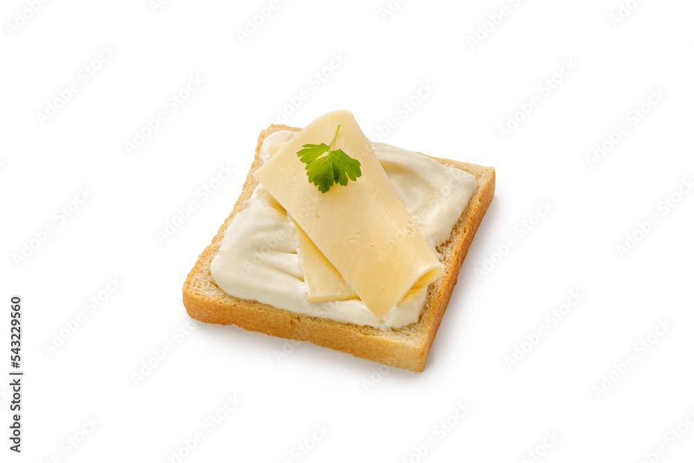 Toast with sliced cheese and parsley on bread. Bruschetta, snack, sandwich isolated on white background. Toast with sliced cheese and parsley on bread. Bruschetta, snack, sandwich isolated on white background.