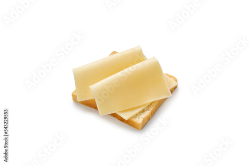 Sandwich with sliced cheese on bread. Bruschetta, snack, appetizer, sandwich isolated on white background.
