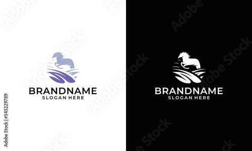 Blue silhouette logo design of African prairie animal the horse is running among the grass. Wild scenery.