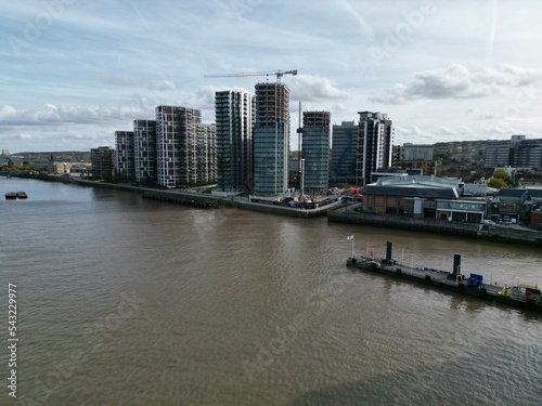 Woolwich waterfront apartments on River Thames London UK drone aerial view photo